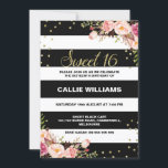16º Convite de Aniversário do Black White Floral<br><div class="desc">Procurando um convite ousado de 16 ou 16 anos? Este design apresenta um padrão de listras brancas e pretas, um falso ouro com dois arranjos florais e alguns pontos de ouro. O fundo do convite é preto com um padrão de pote de ouro falso. Este design é uma maneira impressionante...</div>