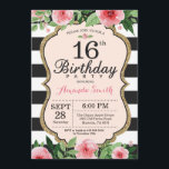 16º Convite de Aniversário. Preto Dourado Rosa<br><div class="desc">16º Convite de Aniversário para a adolescência,  senhora. Doce Dezesseis. Convidar Festa de aniversário Preta e Dourada. Dourada Glitter. Flor Floral Cor de Água Rosa. Black and White Stripes. Digital Imprimível.
Para mais personalização,  clique no botão "Personalizar" e use a ferramenta design para modificar este modelo.</div>