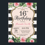 16º Convite de Aniversário. Preto Dourado Rosa<br><div class="desc">16º Convite de Aniversário para a adolescência,  senhora. Doce Dezesseis. Convidar Festa de aniversário Preta e Dourada. Dourada Glitter. Flor Floral Cor de Água Rosa. Black and White Stripes. Digital Imprimível.
Para mais personalização,  clique no botão "Personalizar" e use a ferramenta design para modificar este modelo.</div>