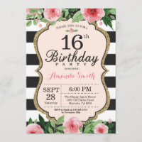 16º Convite de Aniversário. Preto Dourado Rosa