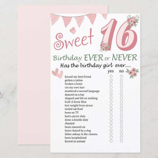 16.º Aniversário Nunca ou Nunca Jogo (Frente/Verso)