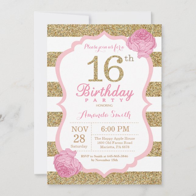 16.º Convite de Aniversário, Rosa e Dourado (Frente)