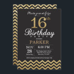 16.o Aniversário Convite Preto e Dourado<br><div class="desc">16.º Convite de aniversário com Glitter Chevron Preto e Dourado. Chalkboard. Aniversário de criança. Convidar Menino ou Menina. Para mais personalização,  clique no botão "Personalizar" e use nossa ferramenta de design para modificar este modelo.</div>