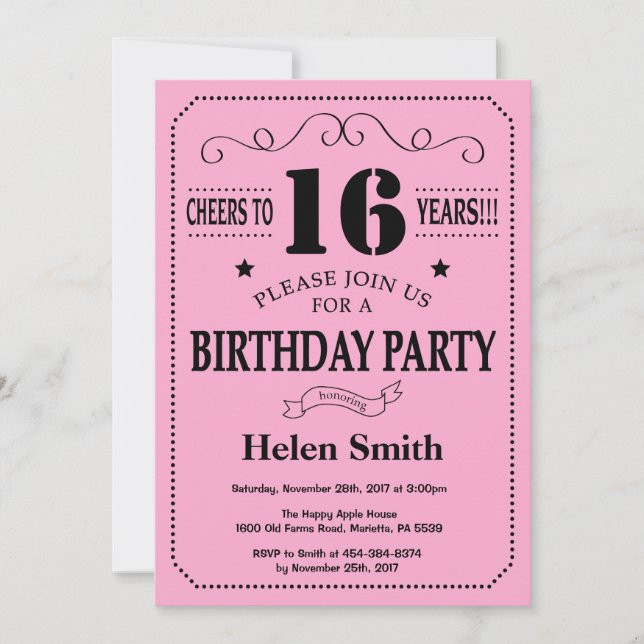 16.o Aniversário Convite Preto e Rosa (Frente)