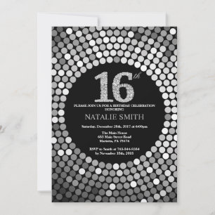 16.o Aniversário Convite Preto e Silver Glitter