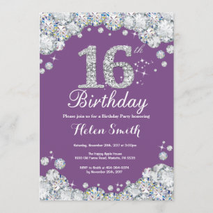 16.o Aniversário Convite Roxo e Diamante Prateado