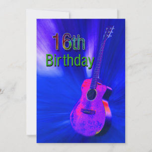 16o Convite de aniversário, guitarra, cor de néo