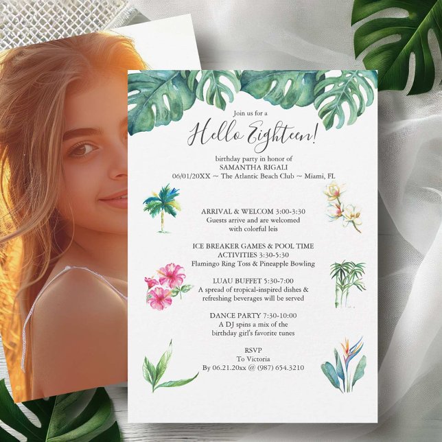 18º aniversário Convites à Piscina de Luau (18th birthday invitations tropical flowers icons watercolor art by Victoria Grigaliunas )