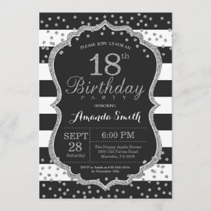 18º Convite de Aniversário. Brilho preto e prate