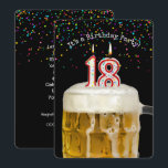18º Convite de festas de velas de aniversário<br><div class="desc">Numero 18 velas em caneca de cerveja com confete colorido em preto para o convite da 18ª festa de aniversário.</div>