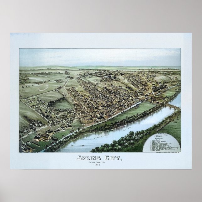 1883 Aerial Map City Primavera PA Poster da Pensil (Frente)