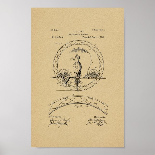 1885 Vintage One Wheeled Bike Patent Impressão (Frente)