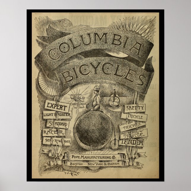 1887 Vintage Columbia Bicicletas E Poster de Arte (Frente)