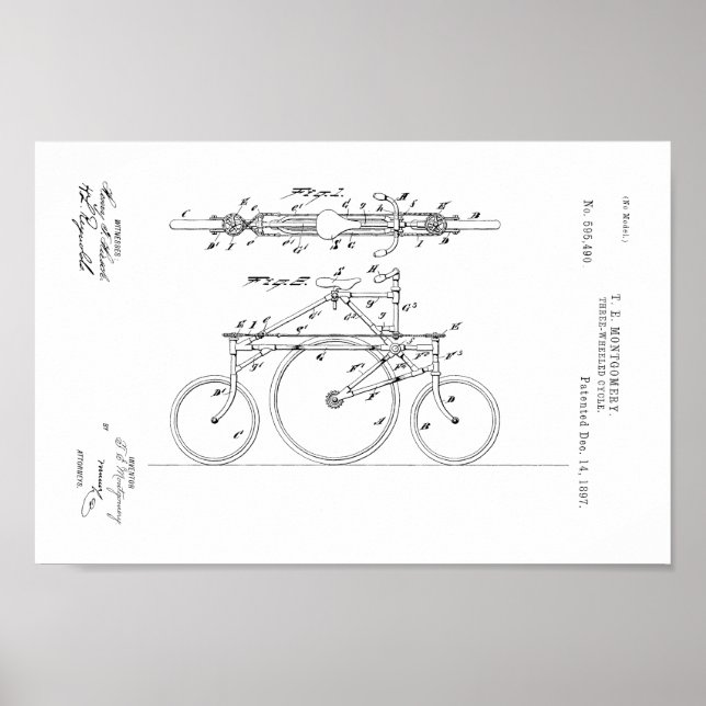 1897 Vintage Bicycle 3 Wheels Patent Art Impressão (Frente)