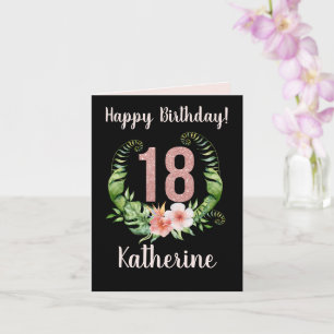 18.º Aniversário Cartão de Nome Floral Preto Cor-d