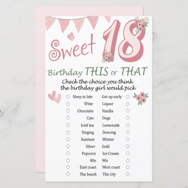 18. º aniversário Este ou Aquele Jogo (Frente/Verso)