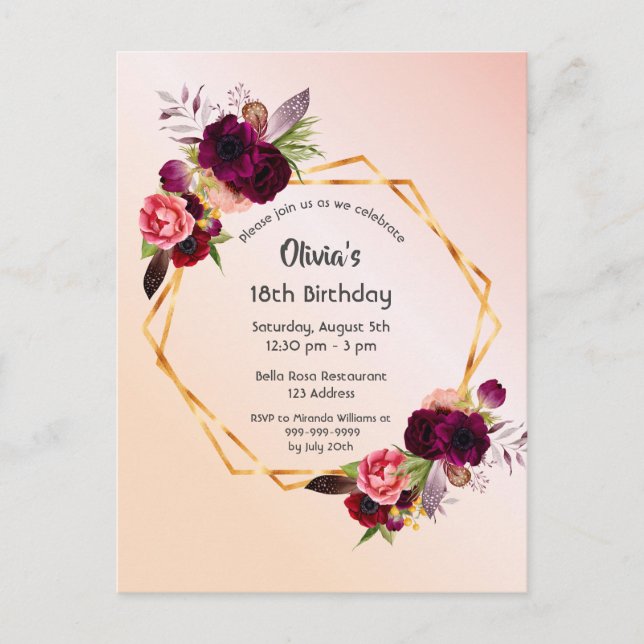 18.º aniversário rosa de blush de ouro convite flo (Frente)