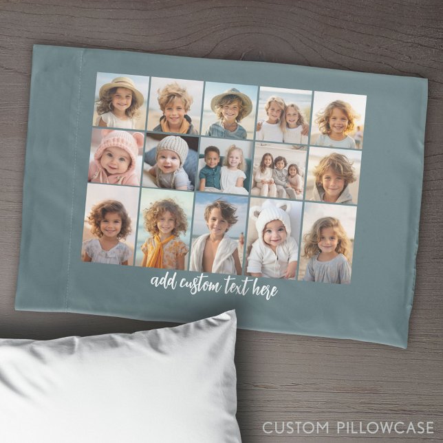 18 Colagem de fotos com texto branco em azul (Create Your Own Photo Collage Pillowcase)