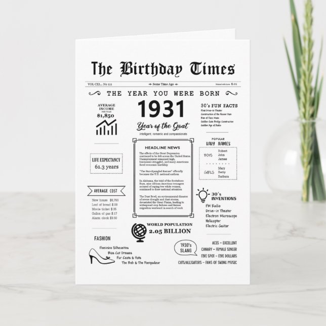 1931 O Ano Em Que Era Nascer Cartão De Aniversário (Frente)