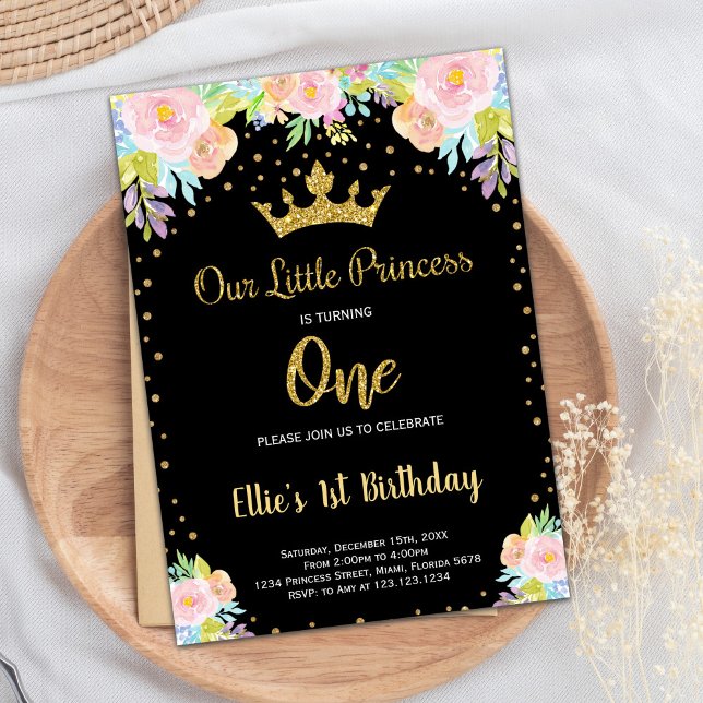 1rua Black Floral Princess Birthday Convite (1st Black Floral Princess Birthday Invitation)