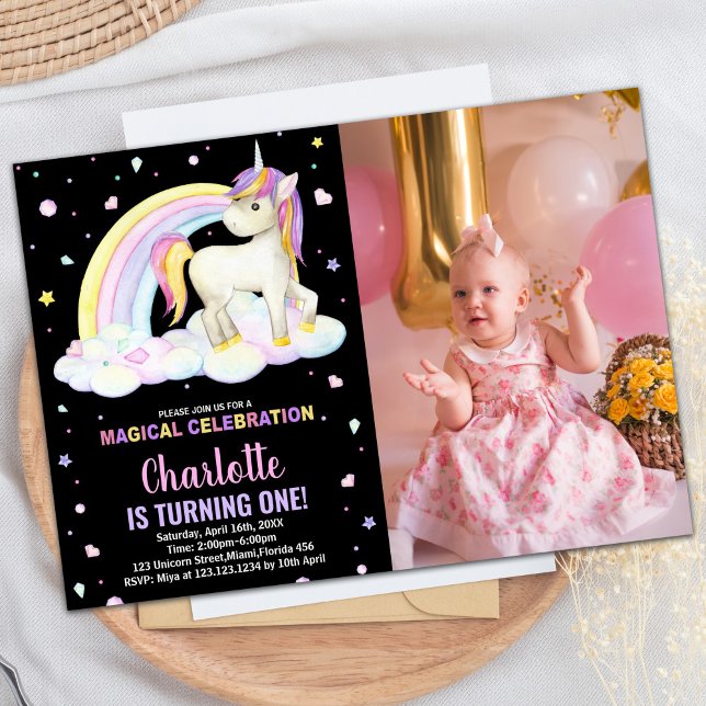 1rua de Foto Negra Floral Convite de Aniversário d (1st Floral Black Photo Unicorn Birthday Invitation)
