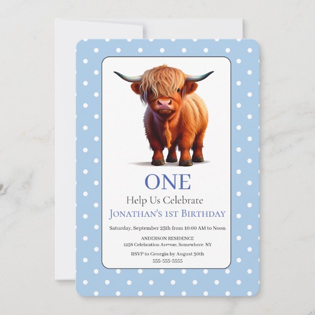 1rua Highland Cow Blue Birthday Convite (Frente)