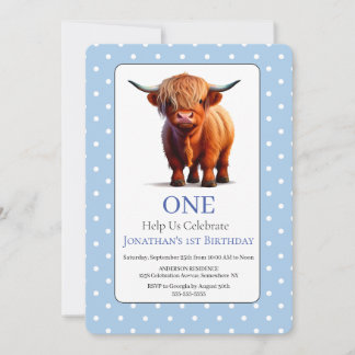 1rua Highland Cow Blue Birthday Convite