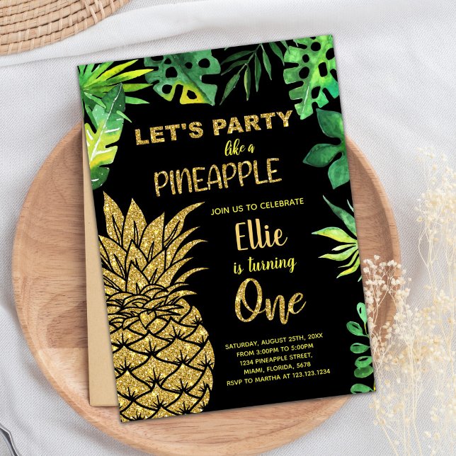 1rua Ouro Negro - Convites para abacaxi (1st Black Golden Glitter Pineapple Invitations)