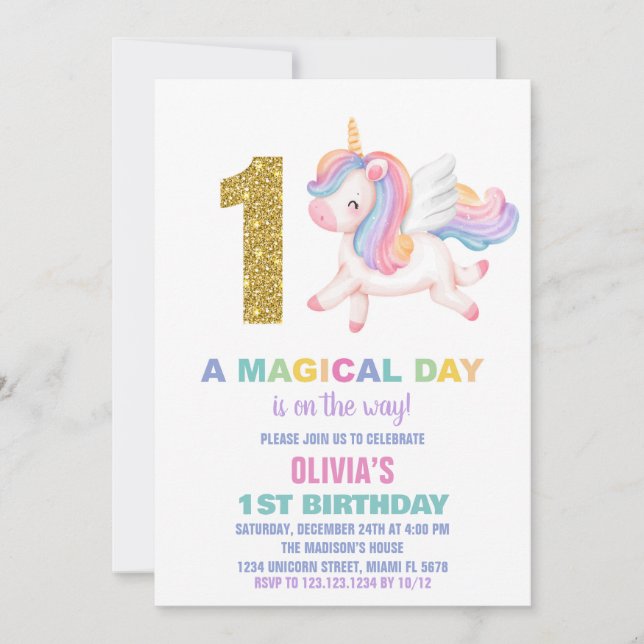 1rua Rainbow Unicorn - Convites de Aniversário (Frente)