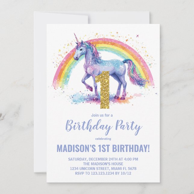 1rua Rainbow Unicorn - Convites de Aniversário (Frente)