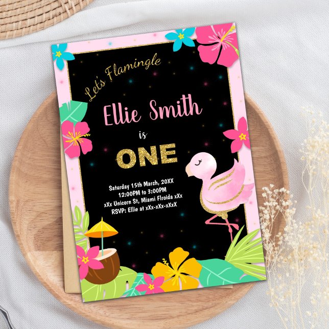 1rua Rosa Flamingo - Convites de Aniversário (1st Pink Flamingo Birthday Invitations)