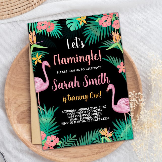 1rua Rosa Flamingo - Convites de Aniversário (1st Pink Flamingo Birthday Invitations)