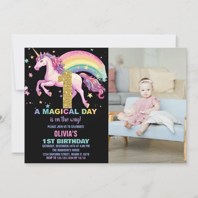 1rua Unicorn Aniversário Convites Preto w (Frente)