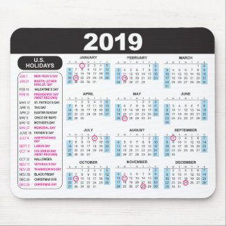 2019 calendário Mousepad com feriados dos E.U.