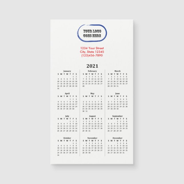 2021 Seu calendário magnético de marcas de logotip (Frente)