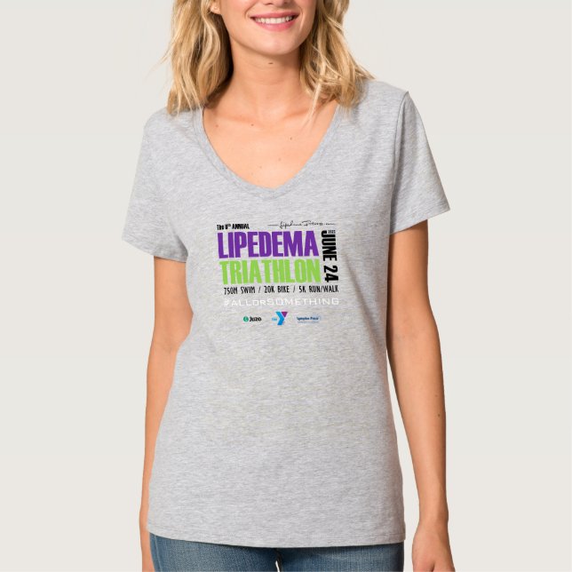 2023 Lipedema Triathlon V Neck T-Shirt (Cinza) (Frente)