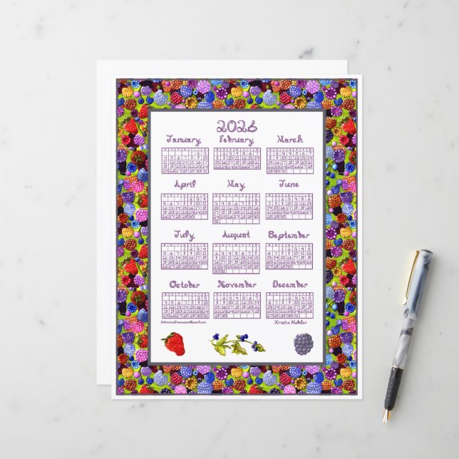 2026 Calendar Berries Art Frame Berry Fabric Font (Frente/Verso In Situ)