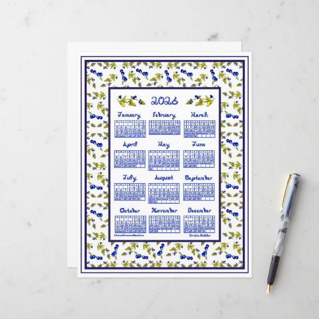 2026 Calendar Blueberries Stem Leaves Fabric Font (Frente/Verso In Situ)