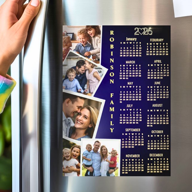 2026 Calendar Navy White Gold 5 Photo Collage (Criador carregado)
