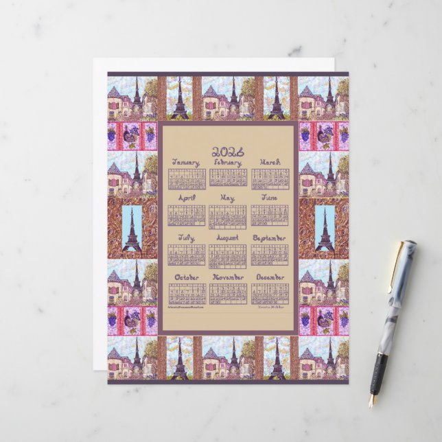 2026 Calendar Paris Eiffel Tower Pointillism Art (Frente/Verso In Situ)