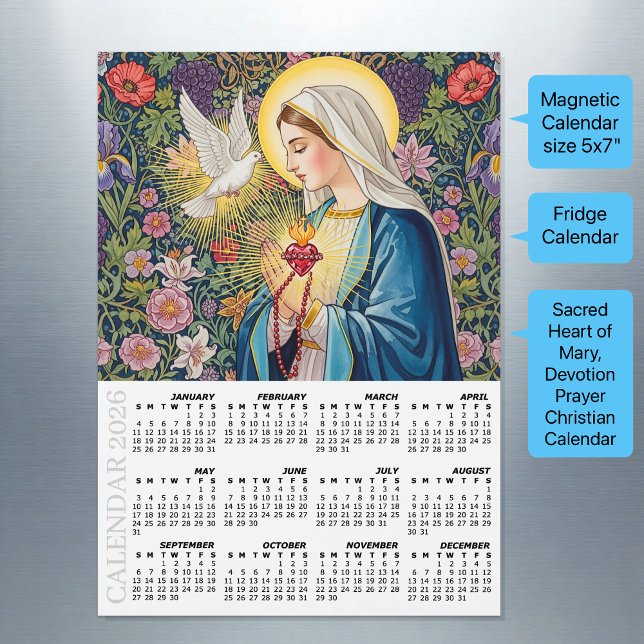 2026 Fridge Calendar, Sacred Heart of Mary /Prayer (Sacred Heart of Mary Fridge Calendar 2026 / devotion prayer)