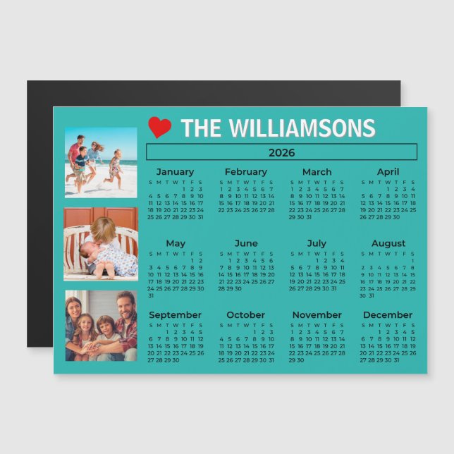 2026 Fun Colorful Calendar Photo Collage Magnet (Frente/Verso)