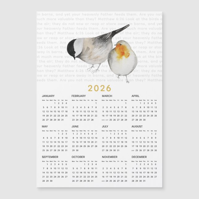 2026 Mateus 6:26 Magneta do Calendário de Aves Aqu (Frente)