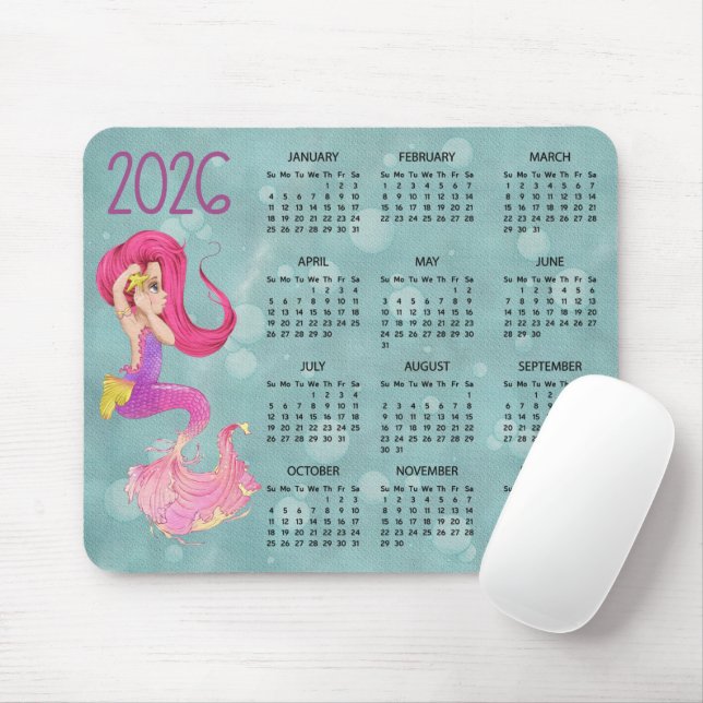 2026 Mermaid Desk Calendar Mouse Pad (Com mouse)