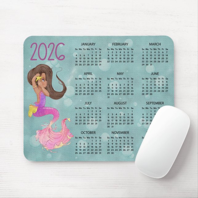2026 Mermaid Desk Calendar Mouse Pad (Com mouse)
