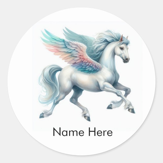 20 Adesivos Redondos Personalizados Nome Pegasus (Frente)