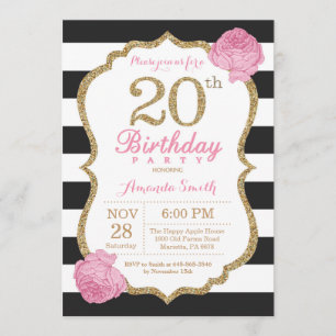 20 Aniversário Convite Cor-de-Rosa Dourado Floral