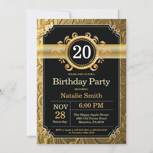 20 Aniversário do Convite Preto e Dourado (Frente)