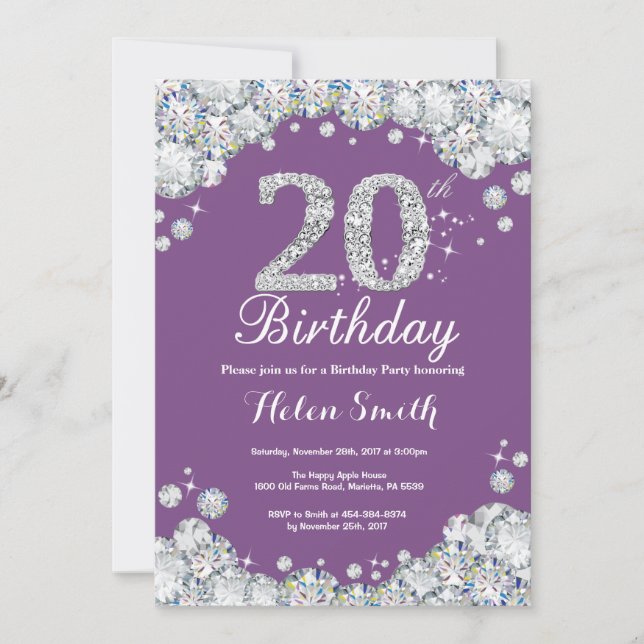 20 Aniversário do Convite Roxo e Diamante de Prata (Frente)