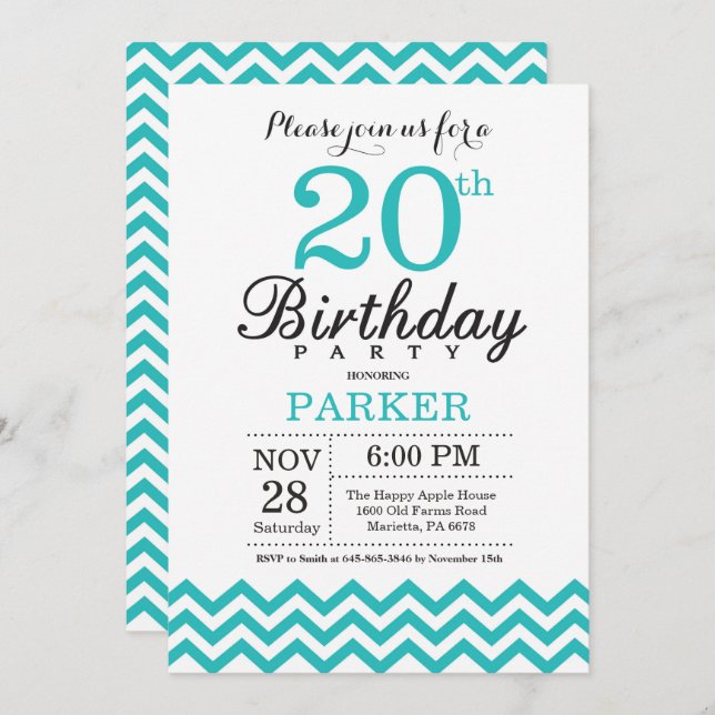 20 Birthday - Convite Teal Chevron (Frente/Verso)